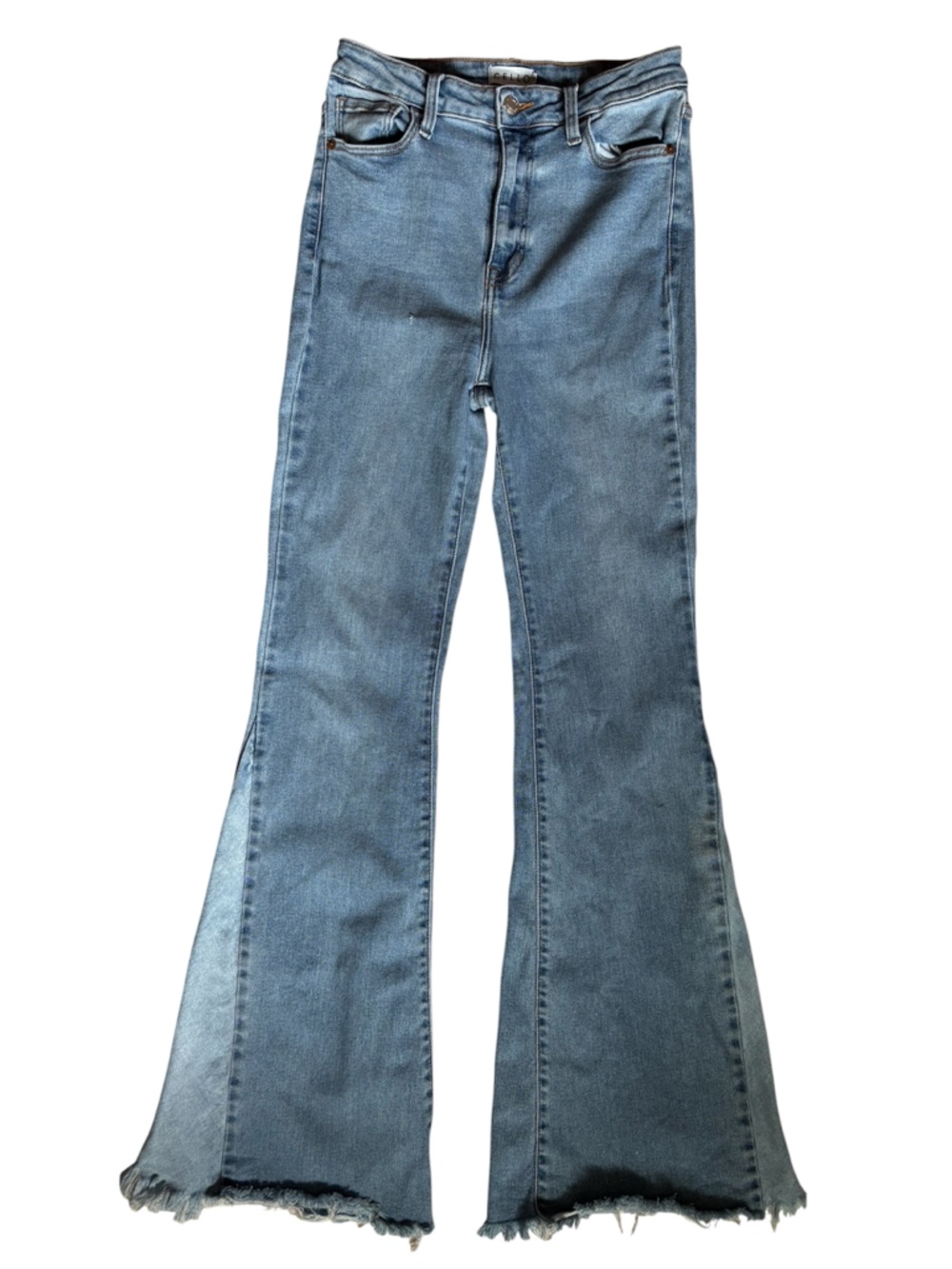 Cello Light Blue High-Rise Flare Jeans with Frayed Hem and side panel size 9